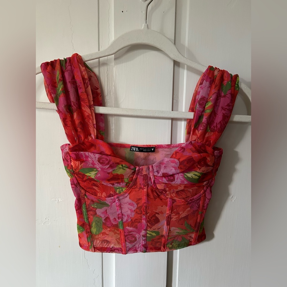 Zara Red and Pink Floral Corset Crop Top